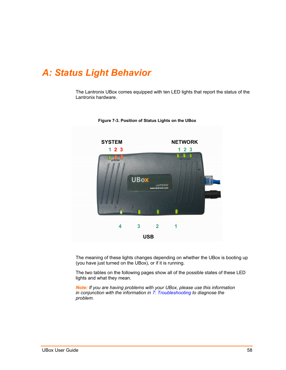 Status light behavior, A: status light behavior 58, Figure 7-3. position of status lights on the ubox | A: status light behavior, Dicate, see | Lantronix UBox UBX4100 User Manual | Page 58 / 74