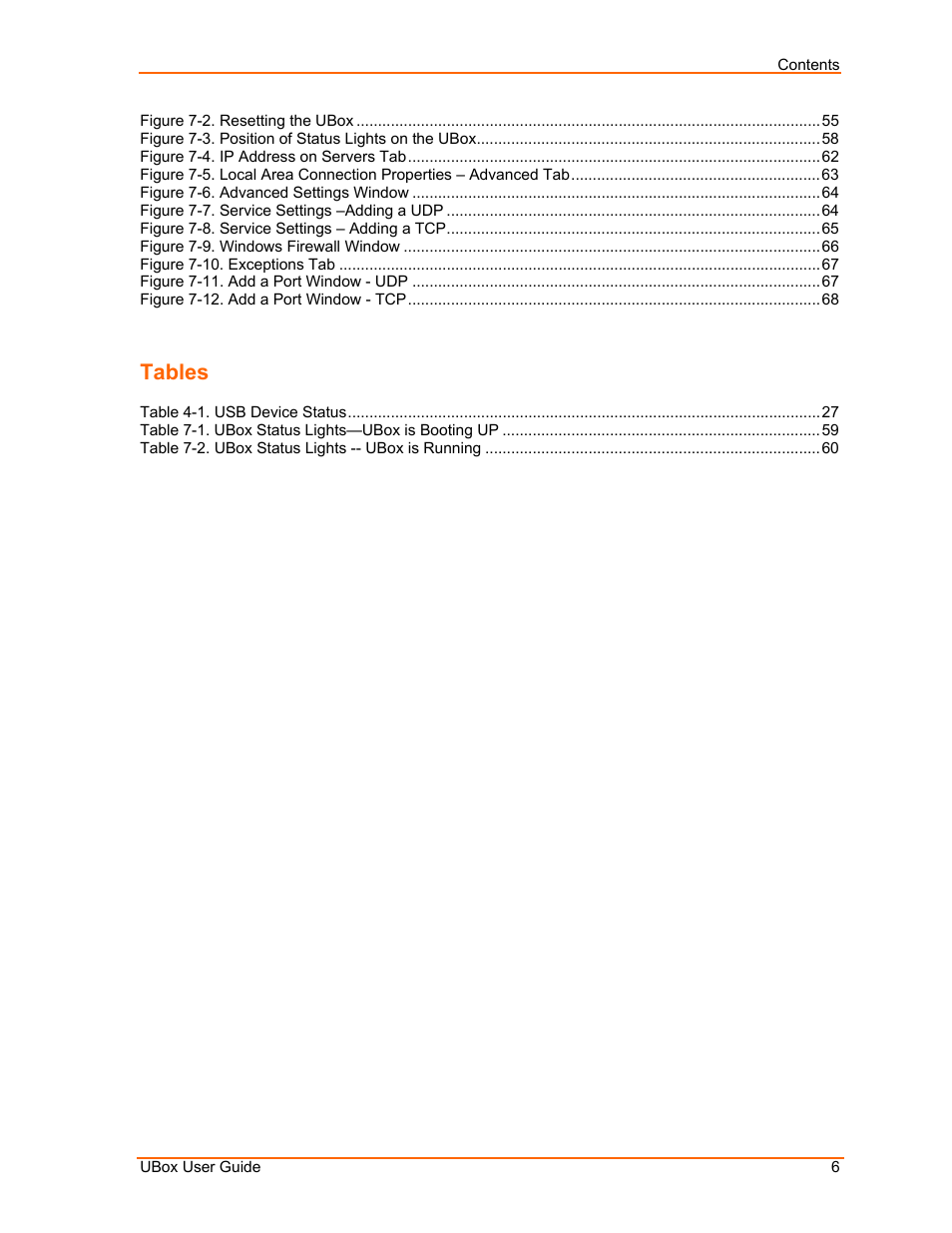 Tables | Lantronix UBox UBX4100 User Manual | Page 6 / 74