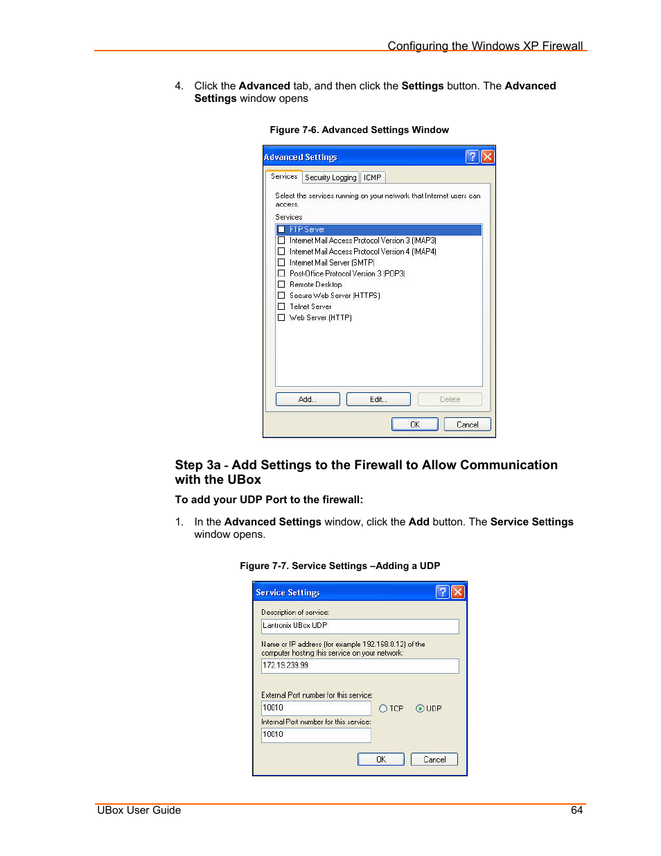 Figure 7-6. advanced settings window, Figure 7-7. service settings –adding a udp | Lantronix UBox UBX4100 User Manual | Page 64 / 74