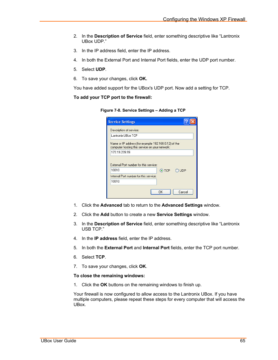 Figure 7-8. service settings – adding a tcp | Lantronix UBox UBX4100 User Manual | Page 65 / 74