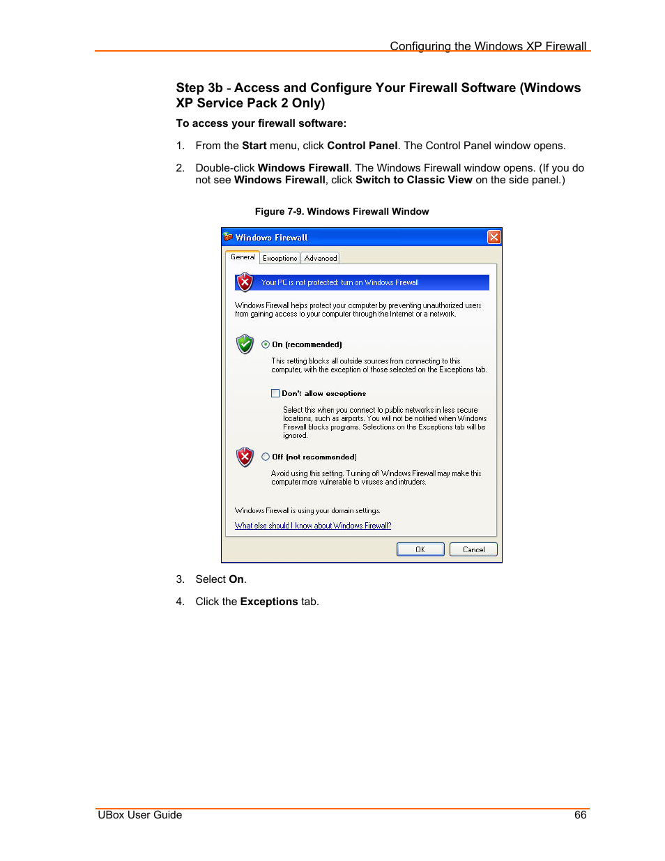 Figure 7-9. windows firewall window | Lantronix UBox UBX4100 User Manual | Page 66 / 74