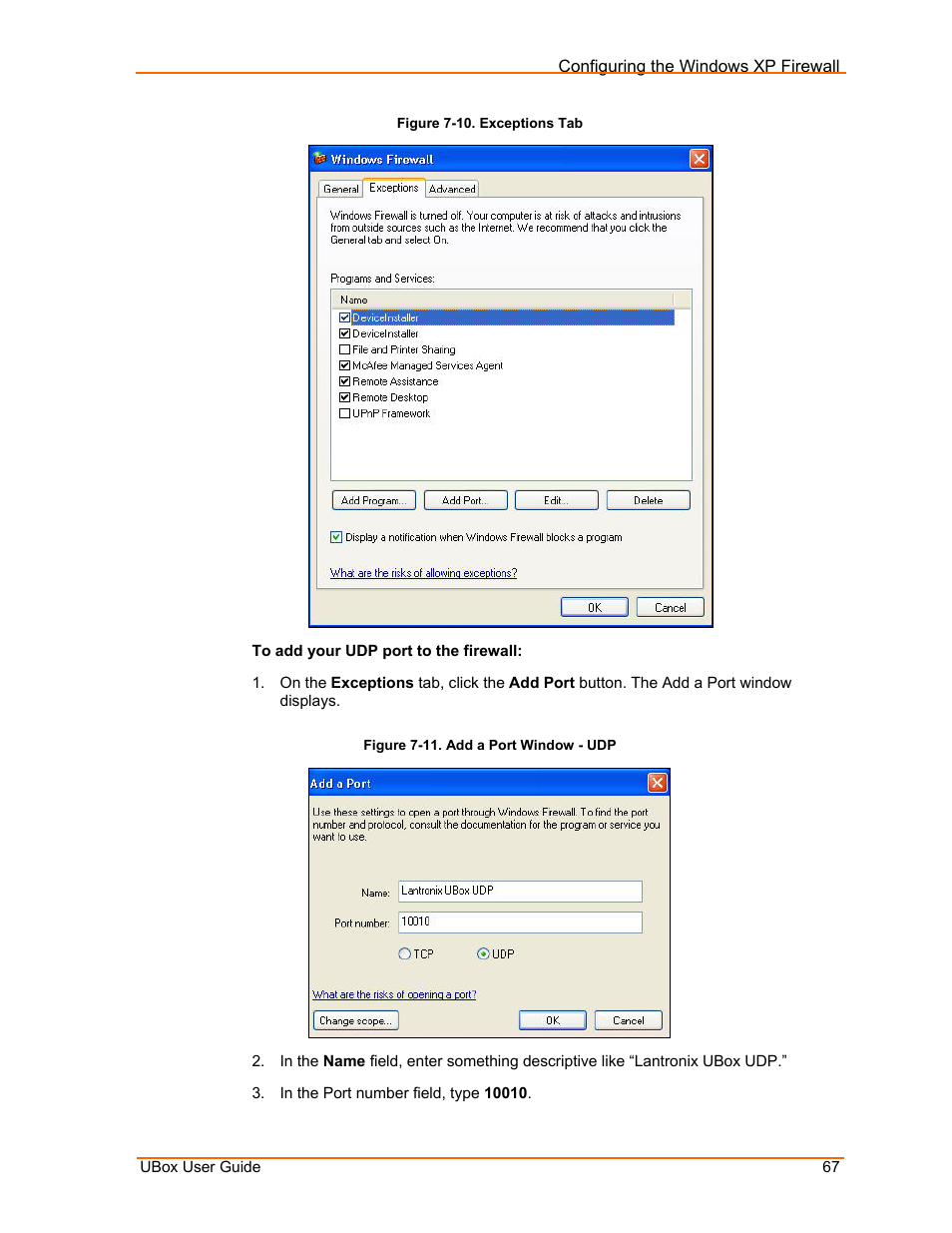 Figure 7-10. exceptions tab, Figure 7-11. add a port window - udp | Lantronix UBox UBX4100 User Manual | Page 67 / 74