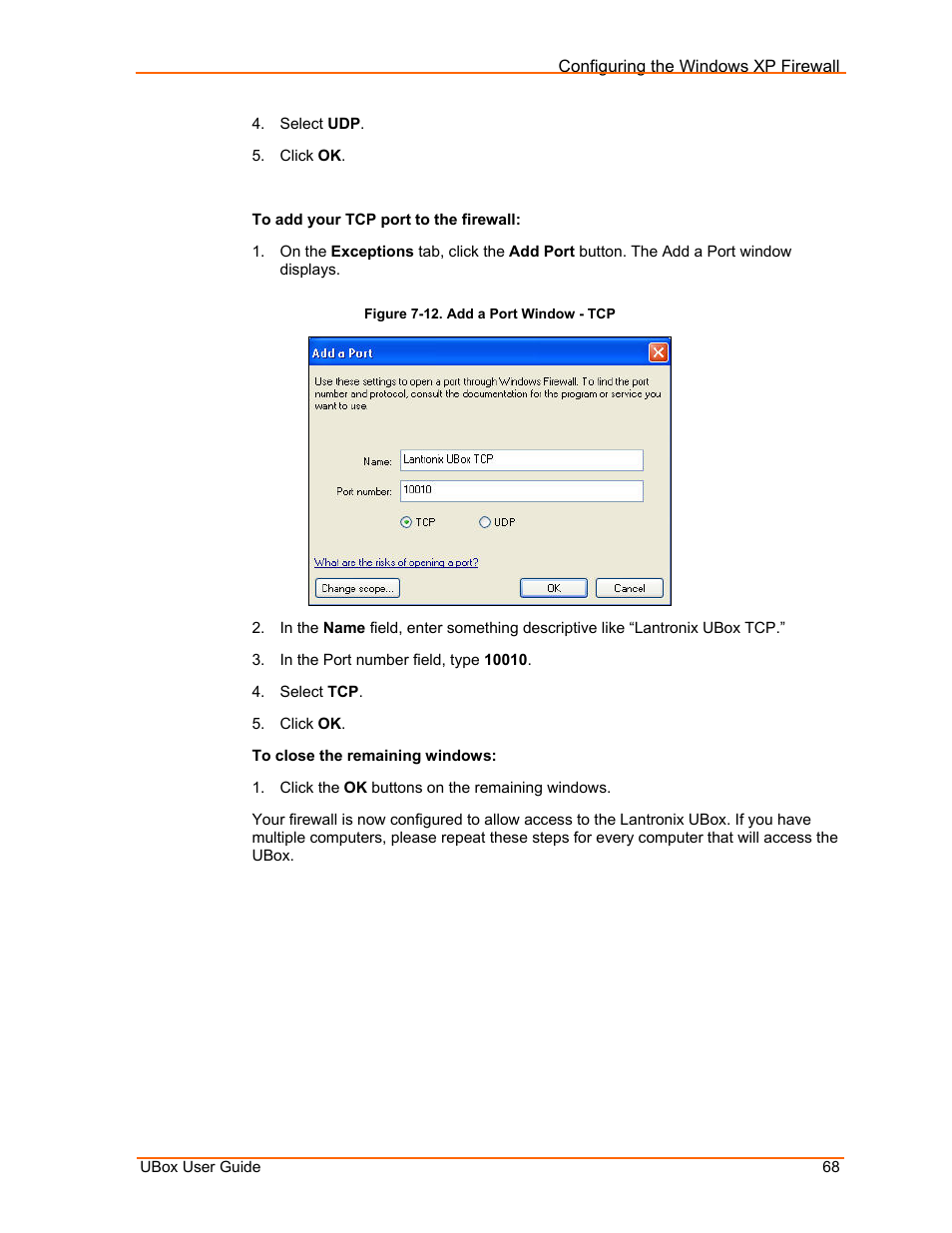 Figure 7-12. add a port window - tcp | Lantronix UBox UBX4100 User Manual | Page 68 / 74