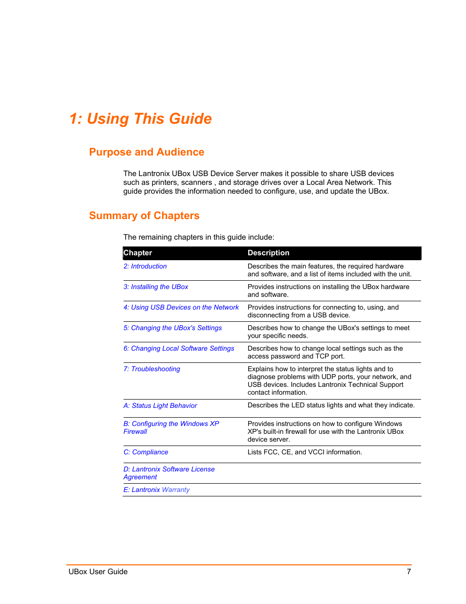 Using this guide, Purpose and audience, Summary of chapters | Lantronix UBox UBX4100 User Manual | Page 7 / 74