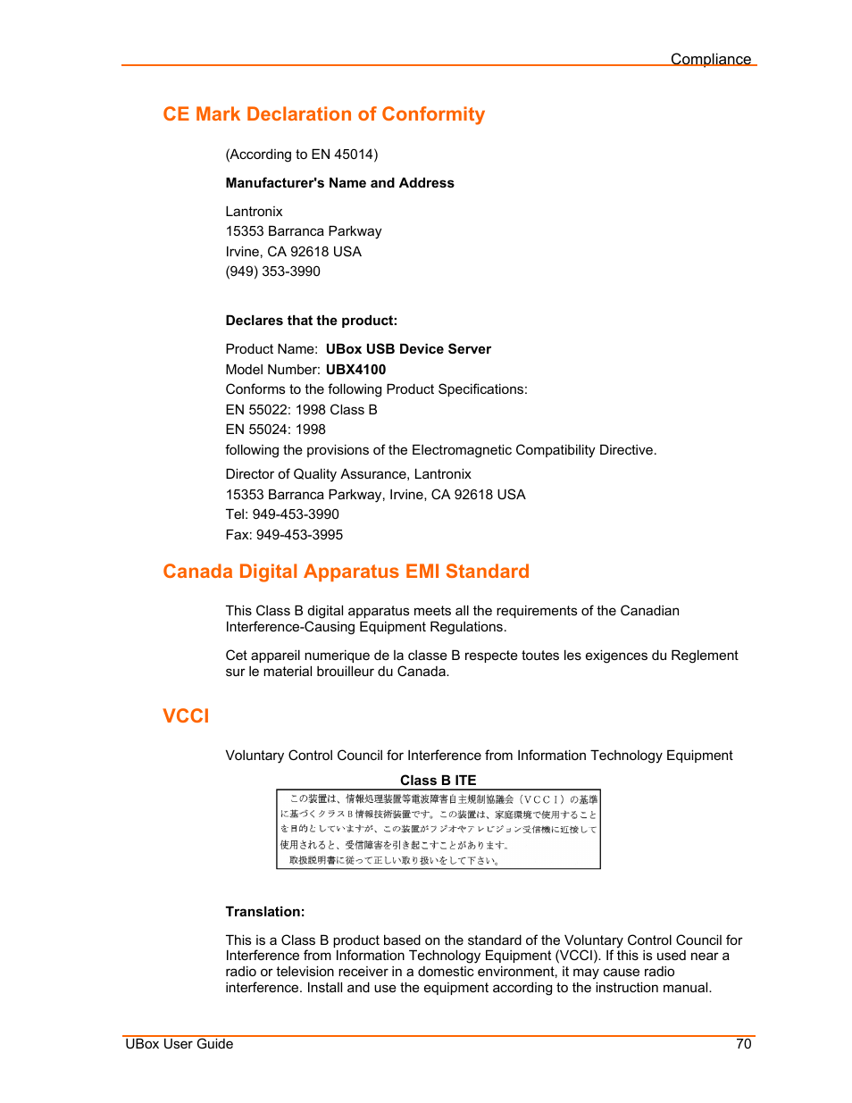 Ce mark declaration of conformity, Canada digital apparatus emi standard, Vcci | Lantronix UBox UBX4100 User Manual | Page 70 / 74