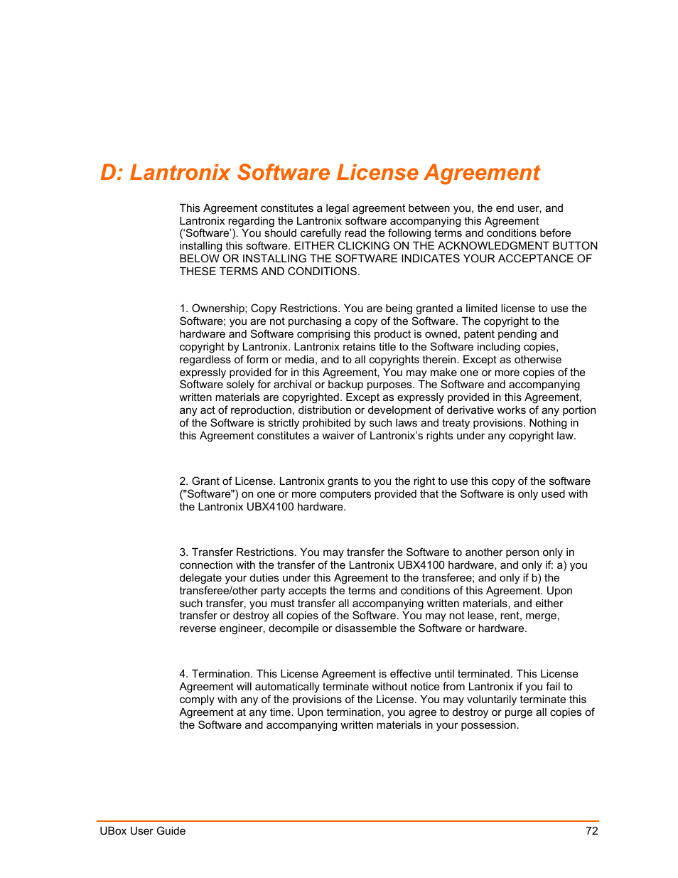Lantronix software license agreement, D: lantronix software license agreement 72, D: lantronix software license agreement | Lantronix UBox UBX4100 User Manual | Page 72 / 74