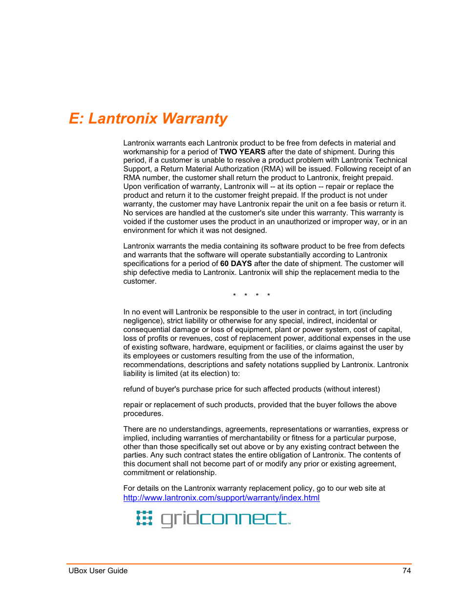 Lantronix warranty, E: lantronix warranty 74, E: lantronix | Warranty, E: lantronix warranty | Lantronix UBox UBX4100 User Manual | Page 74 / 74