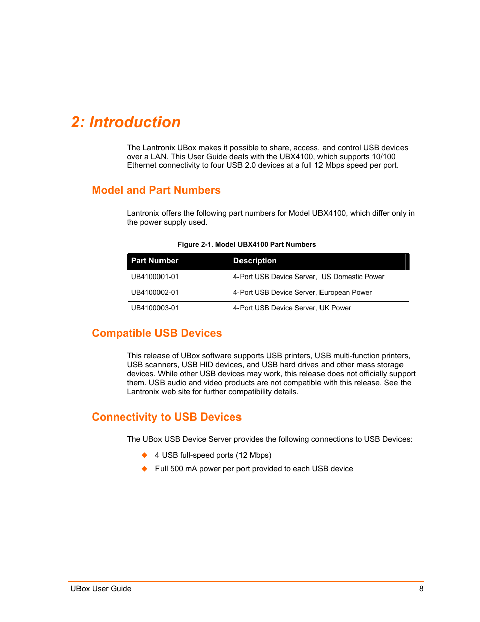 Introduction, Model and part numbers, Compatible usb devices | Connectivity to usb devices, Figure 2-1. model ubx4100 part numbers | Lantronix UBox UBX4100 User Manual | Page 8 / 74