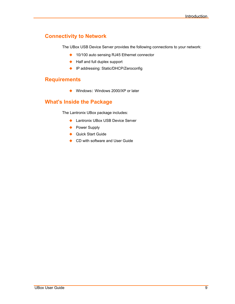 Connectivity to network, Requirements, What's inside the package | Lantronix UBox UBX4100 User Manual | Page 9 / 74