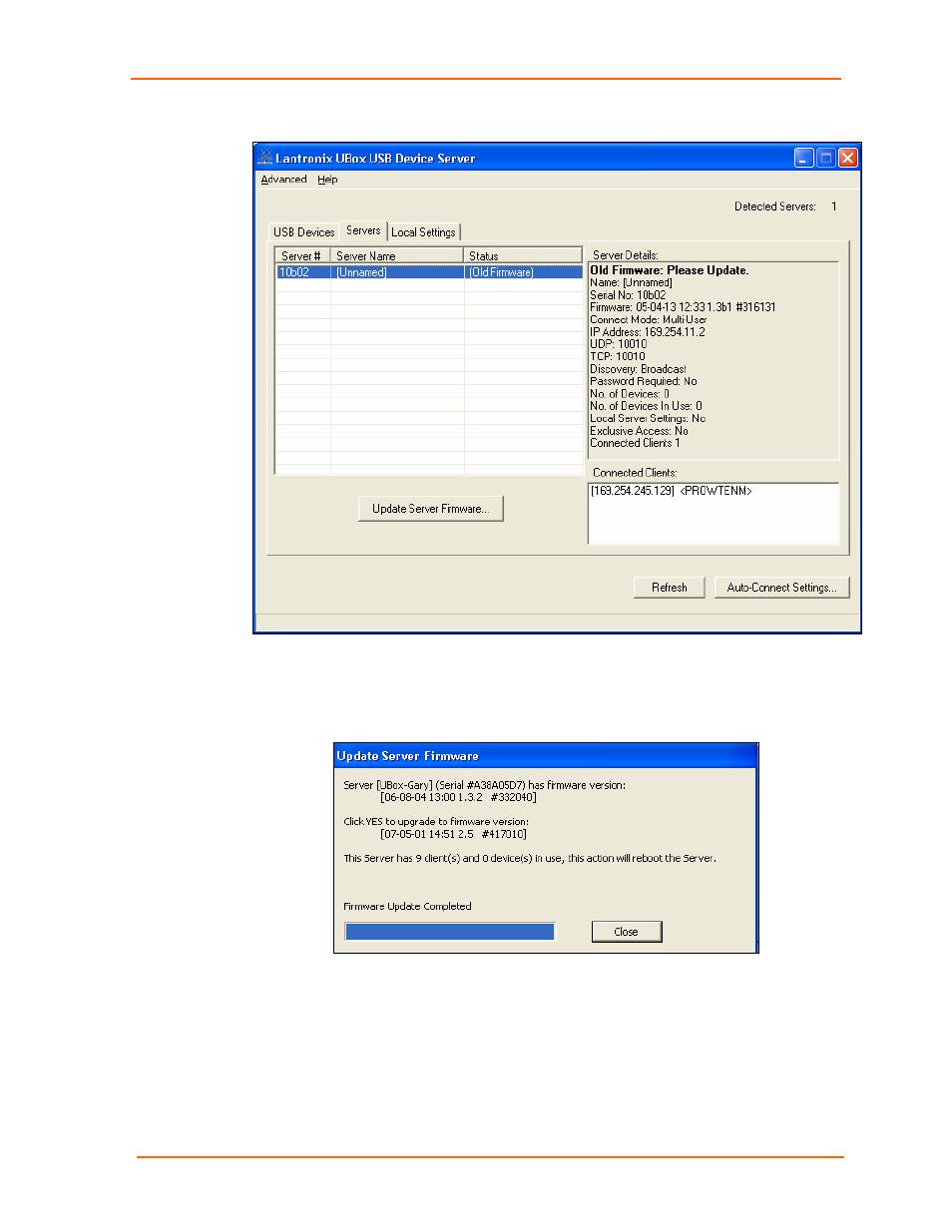 Figure 5-7. servers tab, Figure 5-8. update server firmware | Lantronix UBOX 2100 User Manual | Page 41 / 79