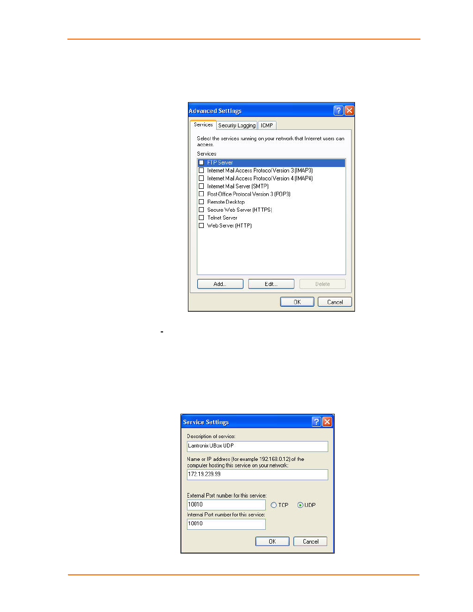 Step 3a, Figure 8-7. advanced settings window, Figure 8-8. service settings –adding a udp | Lantronix UBOX 2100 User Manual | Page 66 / 79