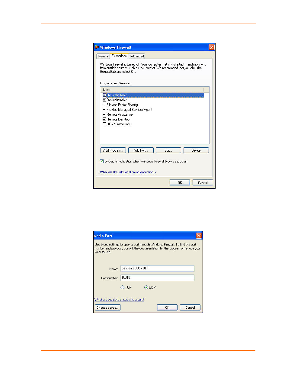 Figure 8-11. exceptions tab, Figure 8-12. add a port window - udp | Lantronix UBOX 2100 User Manual | Page 69 / 79