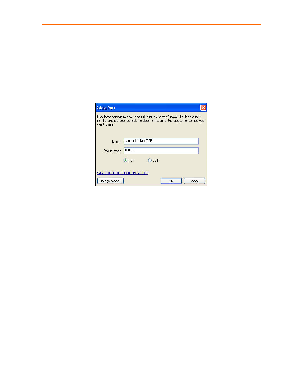Figure 8-13. add a port window - tcp | Lantronix UBOX 2100 User Manual | Page 70 / 79