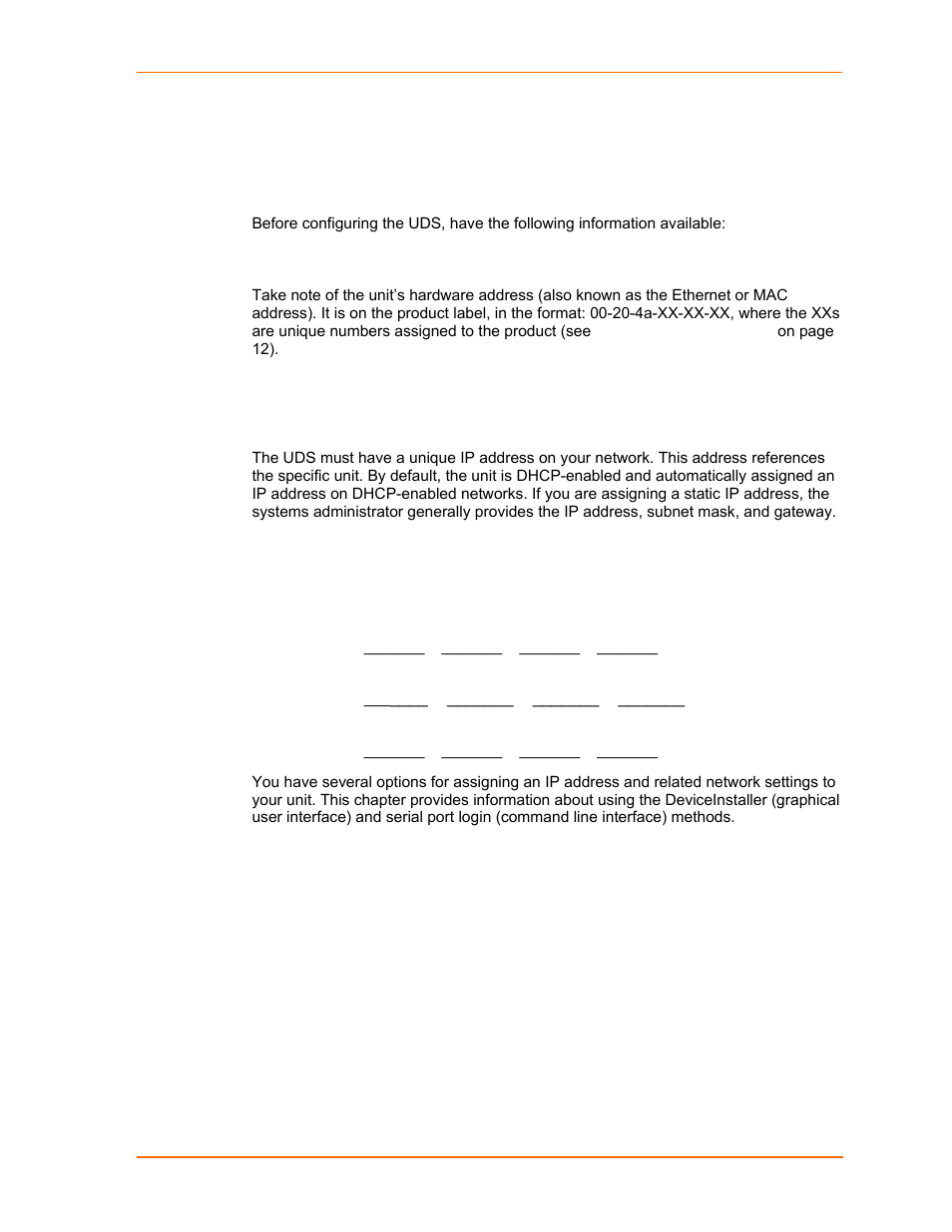 Required information, Hardware address, Ip address | Lantronix UDS1100 User Manual | Page 16 / 84