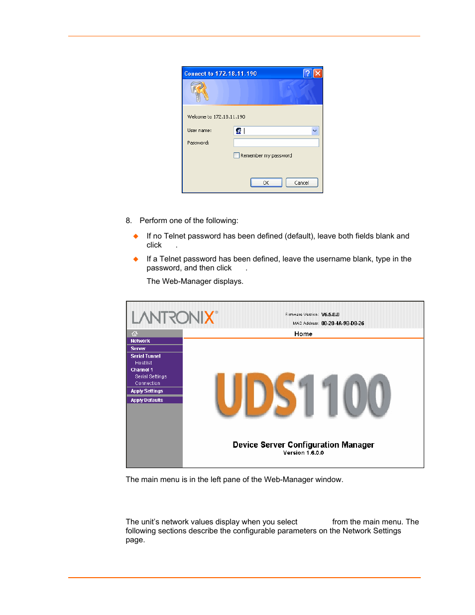 Network configuration, Figure 4-1. web-manager login window, Figure 4-2. lantronix web-manager | Lantronix UDS1100 User Manual | Page 23 / 84