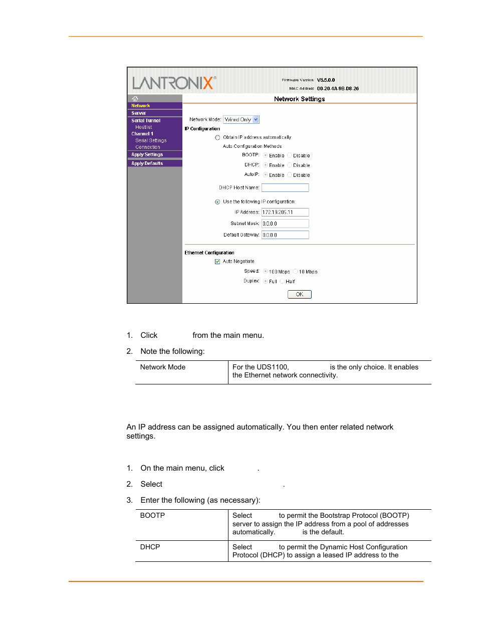 Network mode, Automatic ip address configuration, Figure 4-3. network settings | Lantronix UDS1100 User Manual | Page 24 / 84