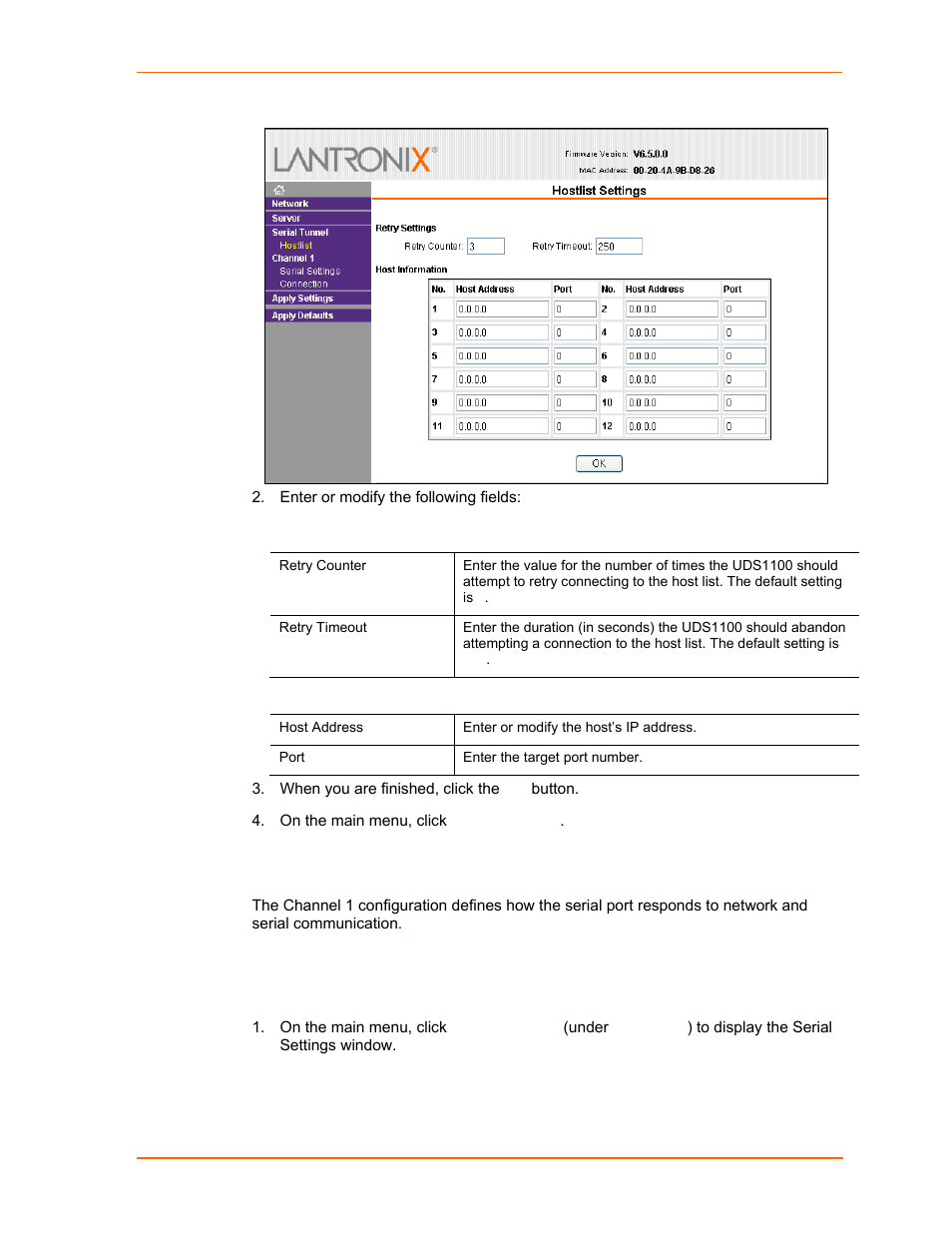 Channel 1 configuration, Serial settings, Figure 4-5. hostlist settings | Lantronix UDS1100 User Manual | Page 28 / 84