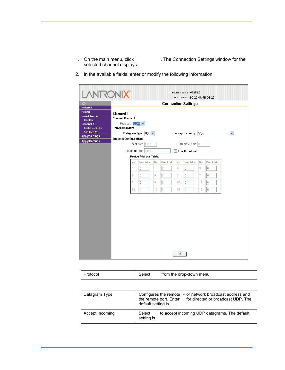 Connection settings - udp, Figure 4-8. udp connection settings | Lantronix UDS1100 User Manual | Page 34 / 84