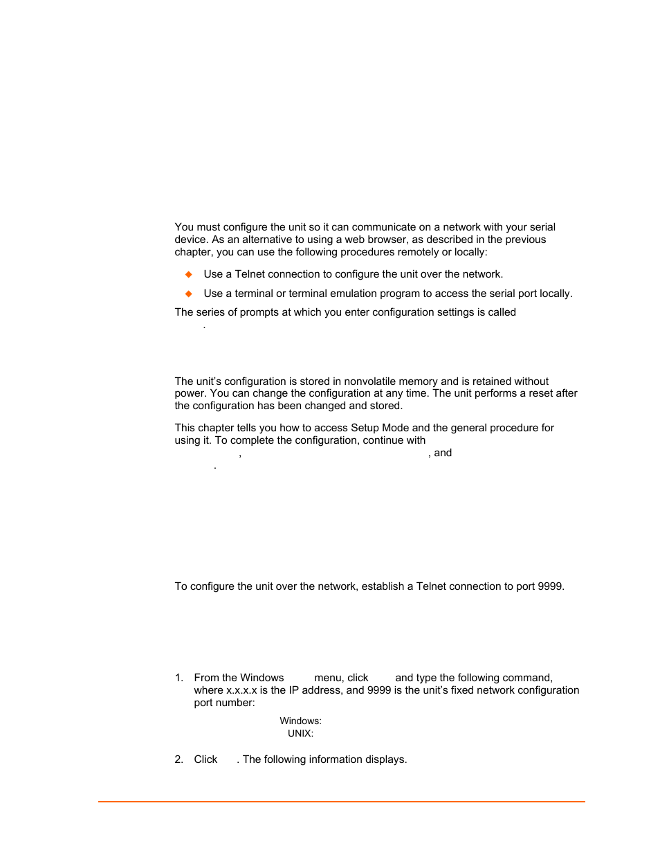 Accessing setup mode, Telnet connection, Configuration via | Telnet or serial port (setup mode), Configuration via telnet or serial, Port (setup mode | Lantronix UDS1100 User Manual | Page 36 / 84