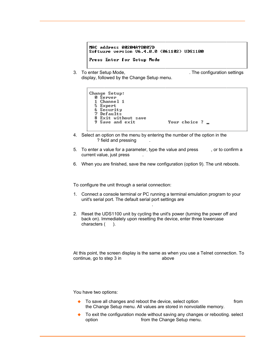 Exiting setup mode, Serial port connection, Figure 5-1. mac address | Figure 5-2. setup menu options | Lantronix UDS1100 User Manual | Page 37 / 84