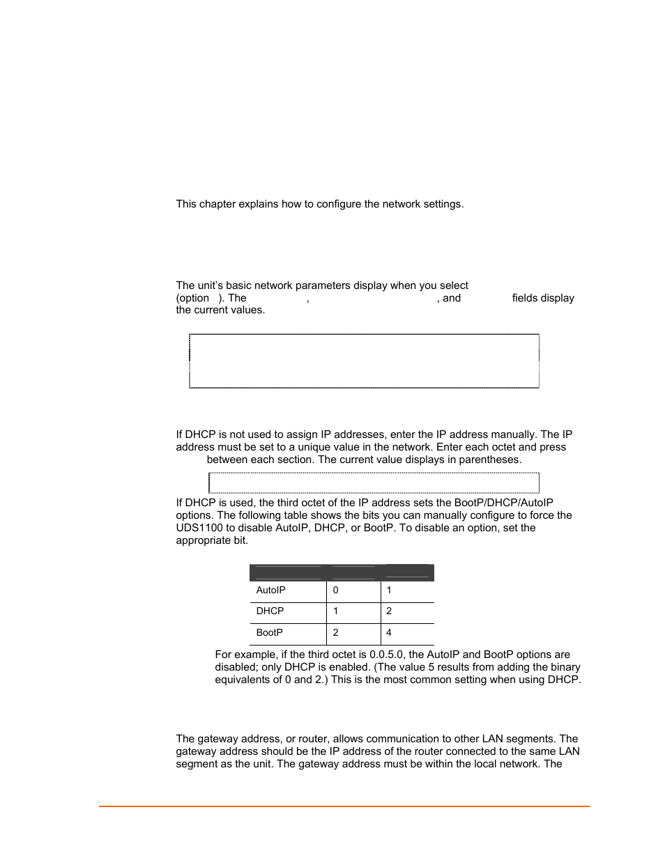 Setup mode: server configuration, Server configuration (option 0), Ip address | Set gateway ip address, Figure 6-1. network settings, Table 6-1. bootp/dhcp/autoip options, Setup mode: server, Configuration | Lantronix UDS1100 User Manual | Page 38 / 84