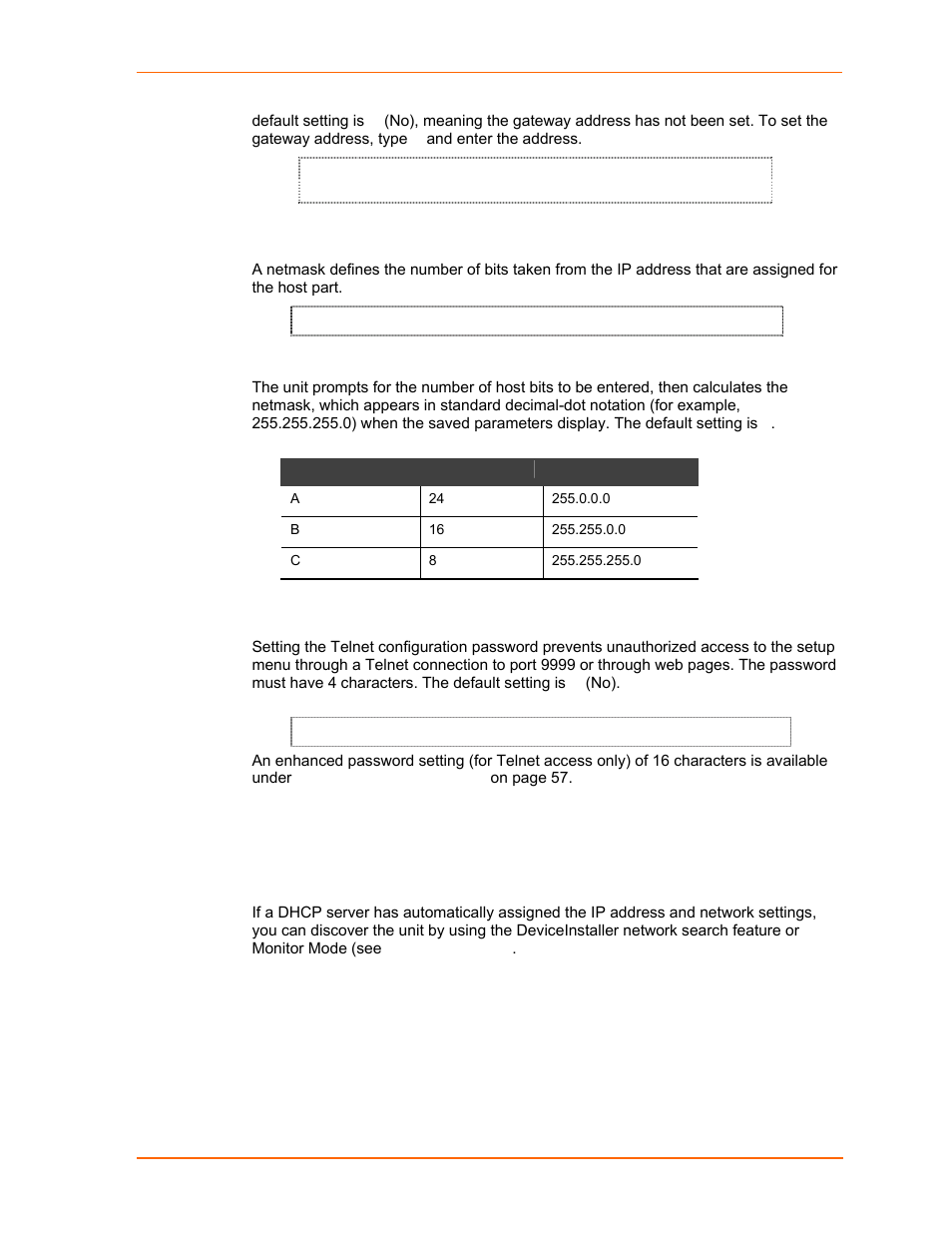 Netmask: number of bits for host part, Change telnet configuration password, Dhcp name | Figure 6-2. change telnet configuration password, Table 6-2. standard ip network netmasks | Lantronix UDS1100 User Manual | Page 39 / 84