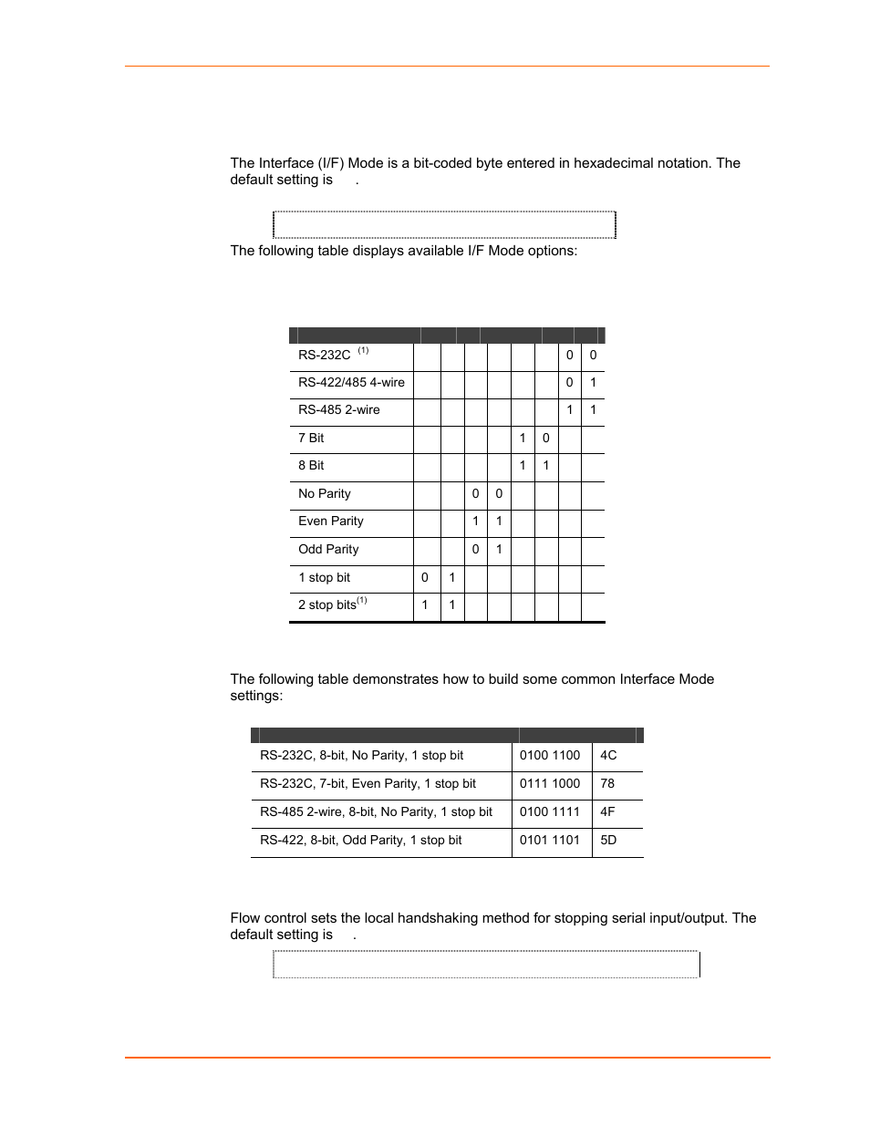 I/f (interface) mode, Flow, Figure 7-2. interface mode | Table 7-1. interface mode options, Table 7-2. common interface mode settings | Lantronix UDS1100 User Manual | Page 42 / 84