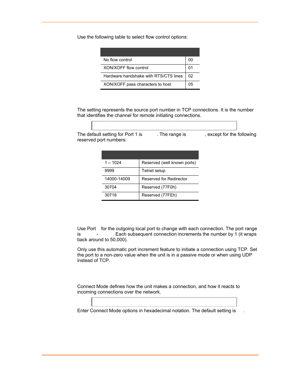 Port number, Connect mode, Table 7-3. flow control options | Table 7-4. reserved port numbers | Lantronix UDS1100 User Manual | Page 43 / 84