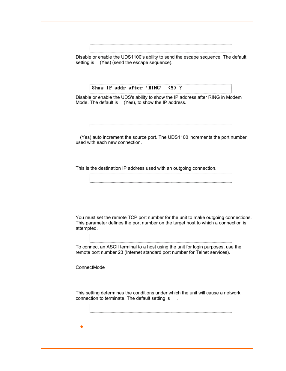 Send the escape sequence (+++) in modem mode, Show ip addr after 'ring, Auto increment source port | Remote ip address, Remote port, Disconnmode | Lantronix UDS1100 User Manual | Page 50 / 84
