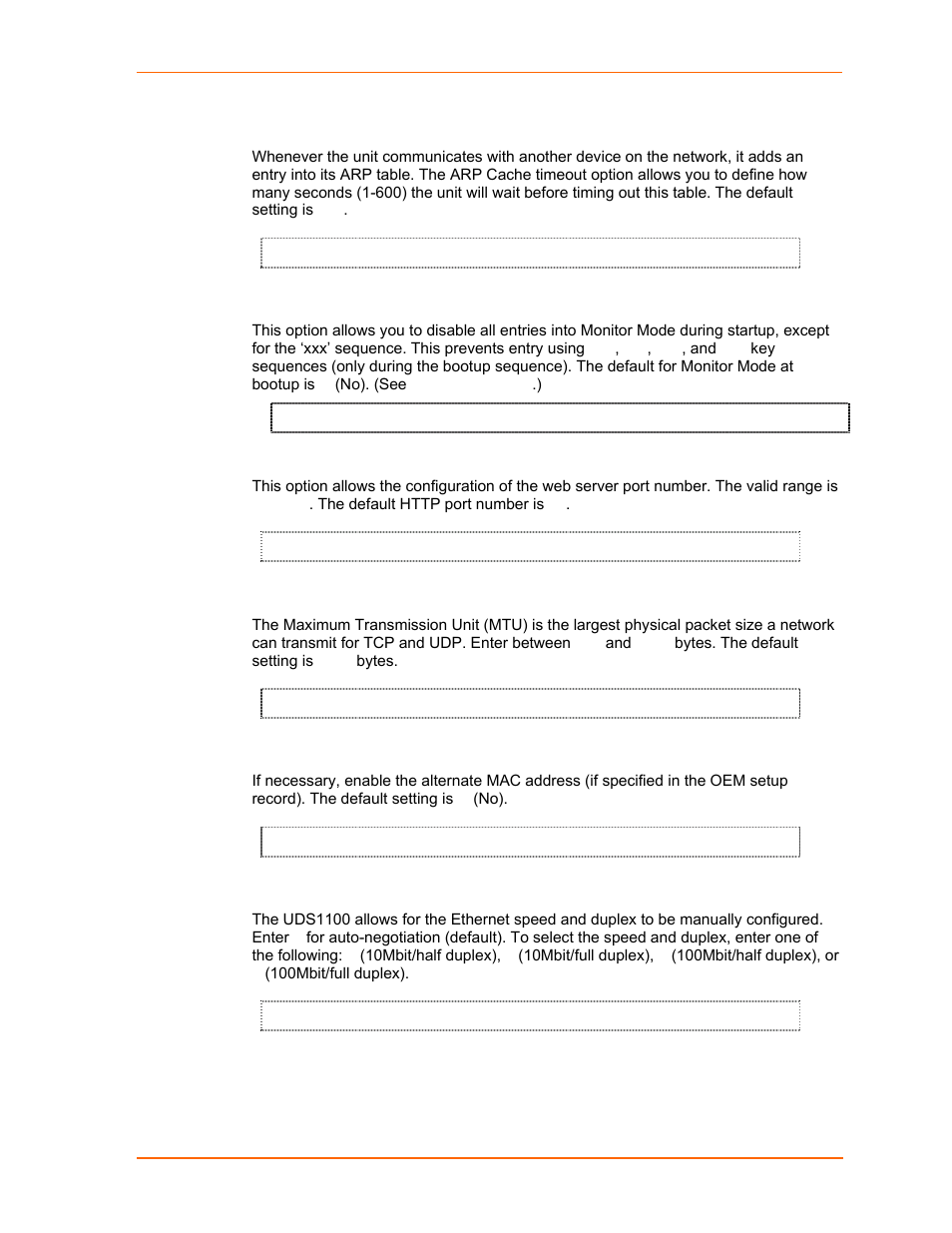 Arp cache timeout in seconds, Disable monitor mode at bootup, Http port number | Mtu size, Enable alternate mac, Ethernet connection type | Lantronix UDS1100 User Manual | Page 56 / 84