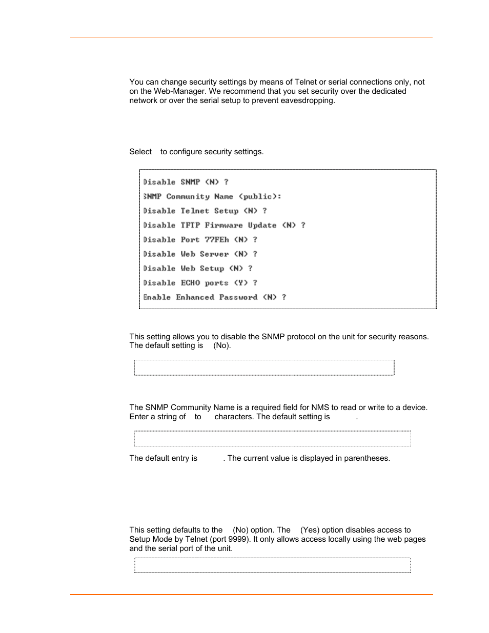 Security settings (option 6), Disable snmp, Snmp community name | Disable telnet setup, Figure 8-2. security settings, On p, Ge 57 | Lantronix UDS1100 User Manual | Page 57 / 84