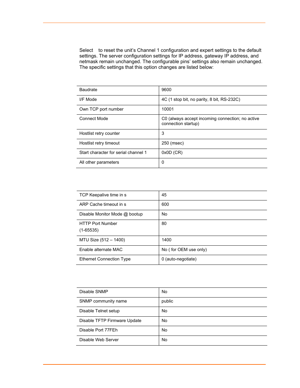 Default settings (option 7), Channel 1 configuration defaults, Expert settings defaults | Security settings defaults | Lantronix UDS1100 User Manual | Page 59 / 84