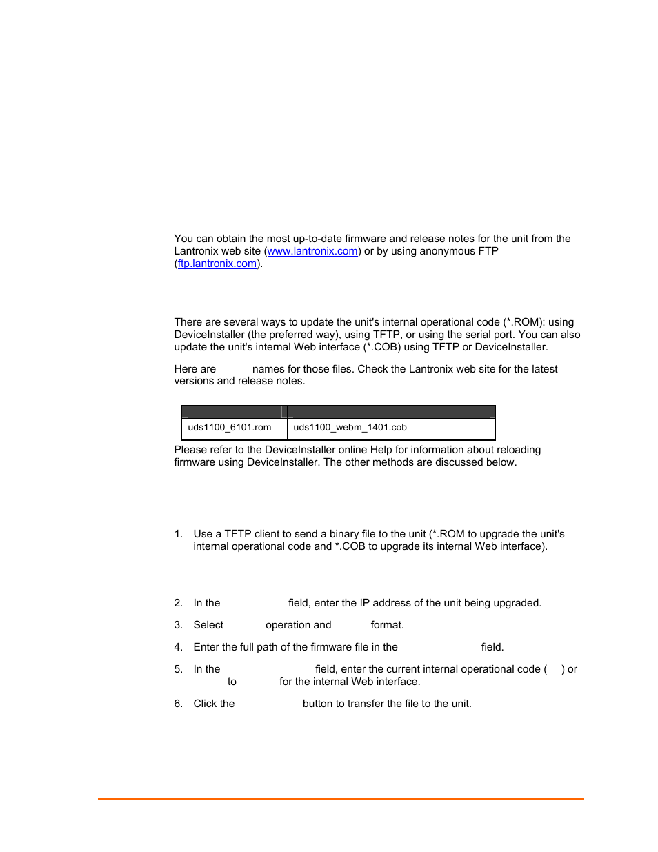 Firmware upgrades, Obtaining firmware, Reloading firmware | Using tftp: graphical user interface, Table 9-1. firmware files | Lantronix UDS1100 User Manual | Page 61 / 84