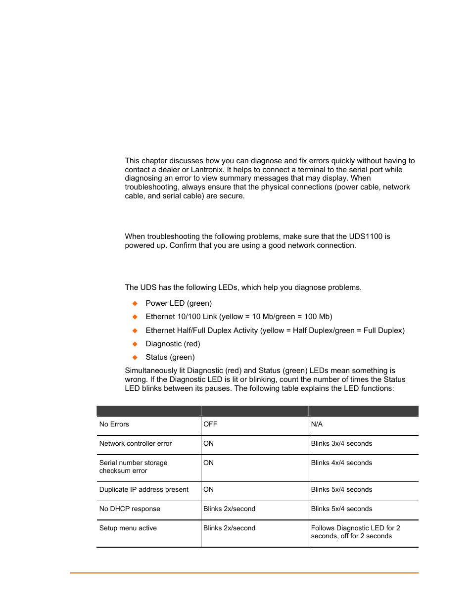 Troubleshooting and contact information, Leds, Table 11-1. uds1100 leds | Lantronix UDS1100 User Manual | Page 66 / 84
