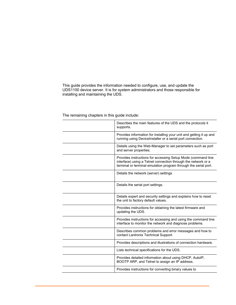 Using this guide, Purpose and audience, Chapter summary | Additional documentation | Lantronix UDS1100 User Manual | Page 7 / 84