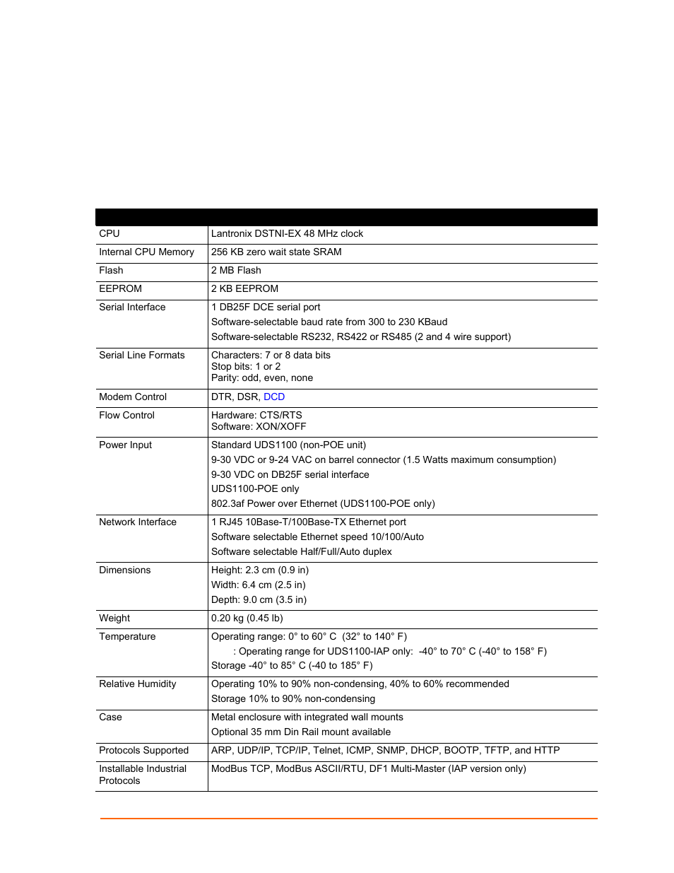 Technical specifications, Table 13-1. uds1100 technical specifications | Lantronix UDS1100 User Manual | Page 74 / 84