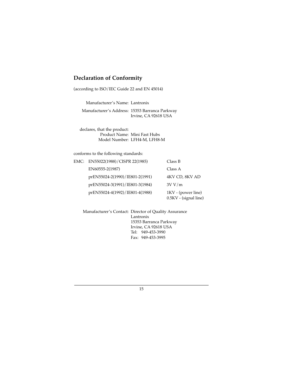 Declaration of conformity | Lantronix MINI FAST LFH4-M User Manual | Page 16 / 18