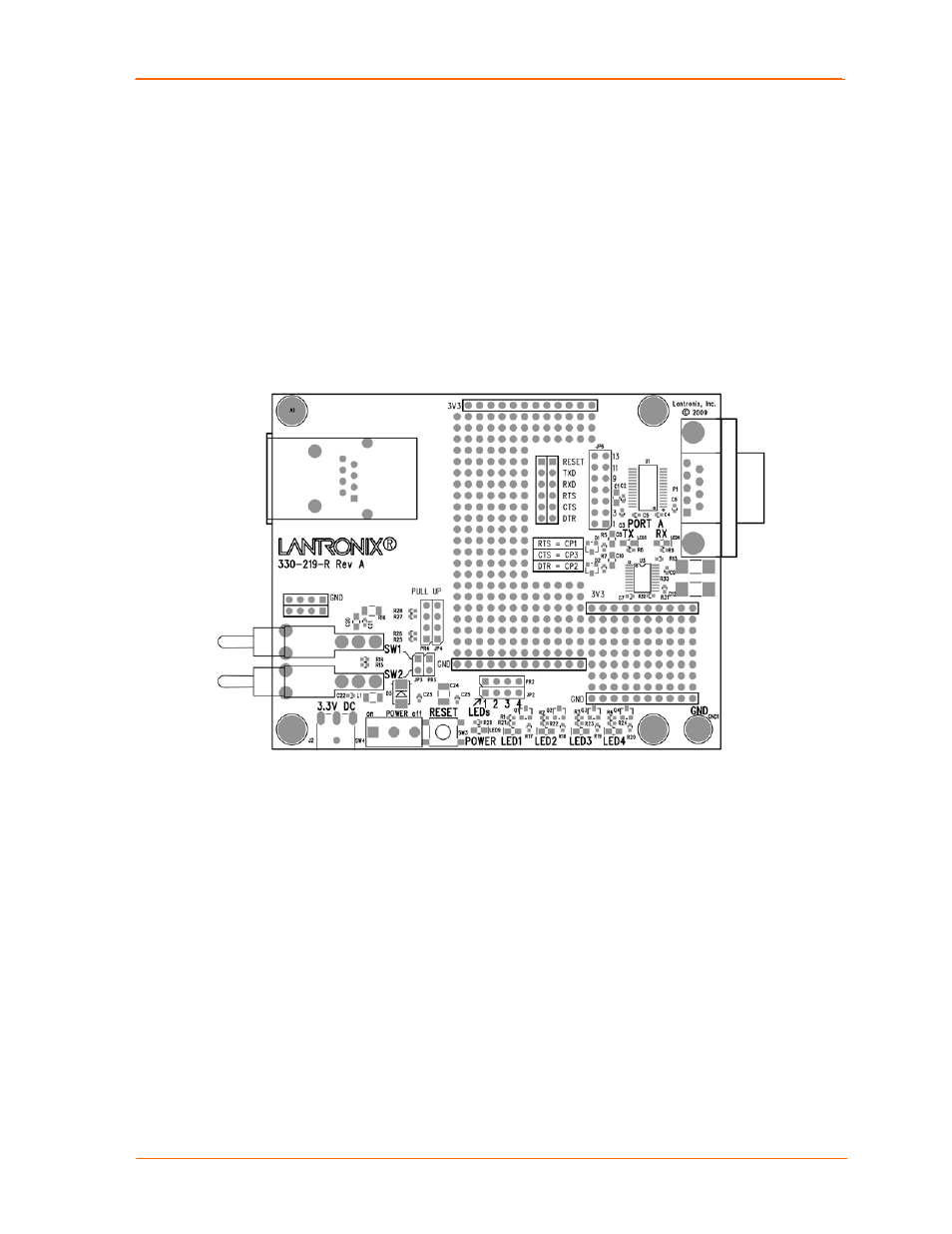 Configuration for modem control, Demo board layout, Figure 2-2. xport demo board layout | Lantronix XPORT 900-563 User Manual | Page 9 / 12