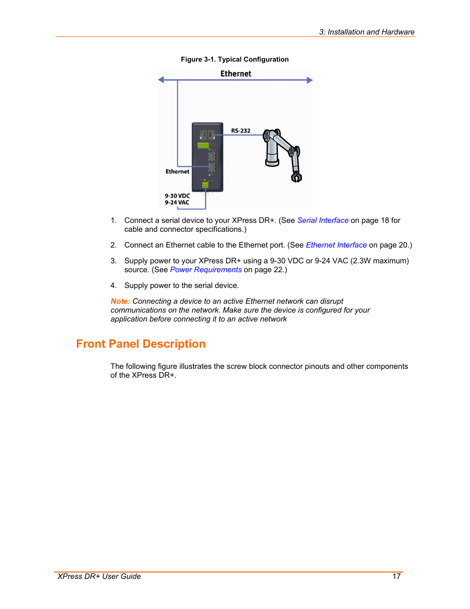 Front panel description, Figure 3-1. typical configuration | Lantronix 900-422 User Manual | Page 17 / 87