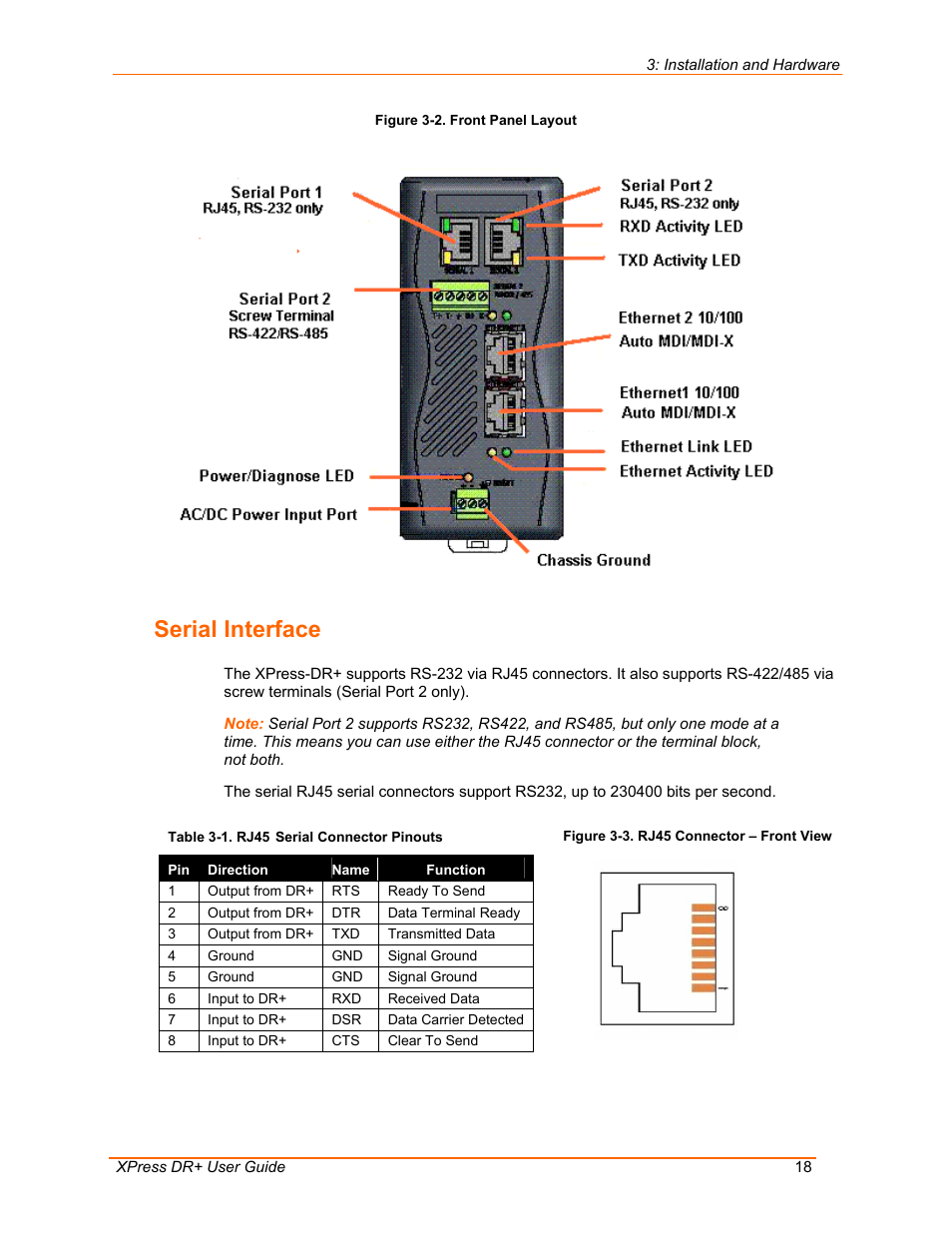 Serial interface, Figure 3-2. front panel layout, Table 3-1. rj45 serial connector pinouts | Dr+. (see | Lantronix 900-422 User Manual | Page 18 / 87