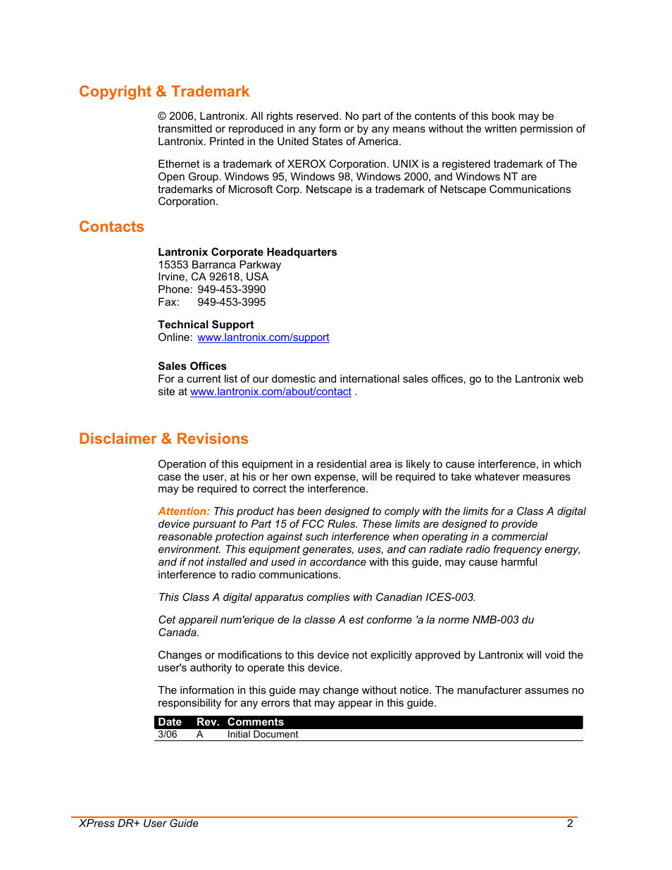 Copyright & trademark, Contacts, Disclaimer & revisions | Lantronix 900-422 User Manual | Page 2 / 87