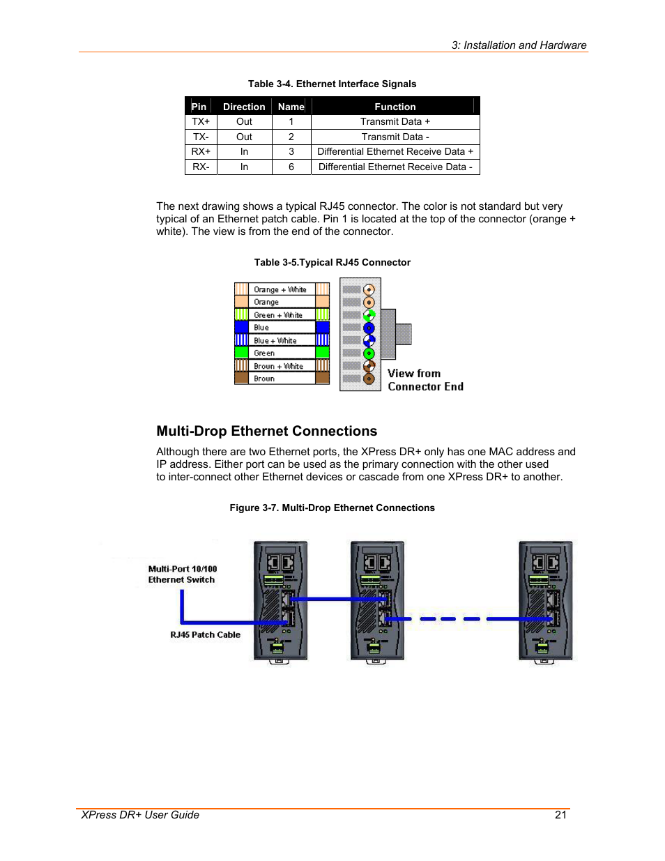 Multi-drop ethernet connections, Figure 3-7. multi-drop ethernet connections, Table 3-4. ethernet interface signals | Table 3-5.typical rj45 connector | Lantronix 900-422 User Manual | Page 21 / 87