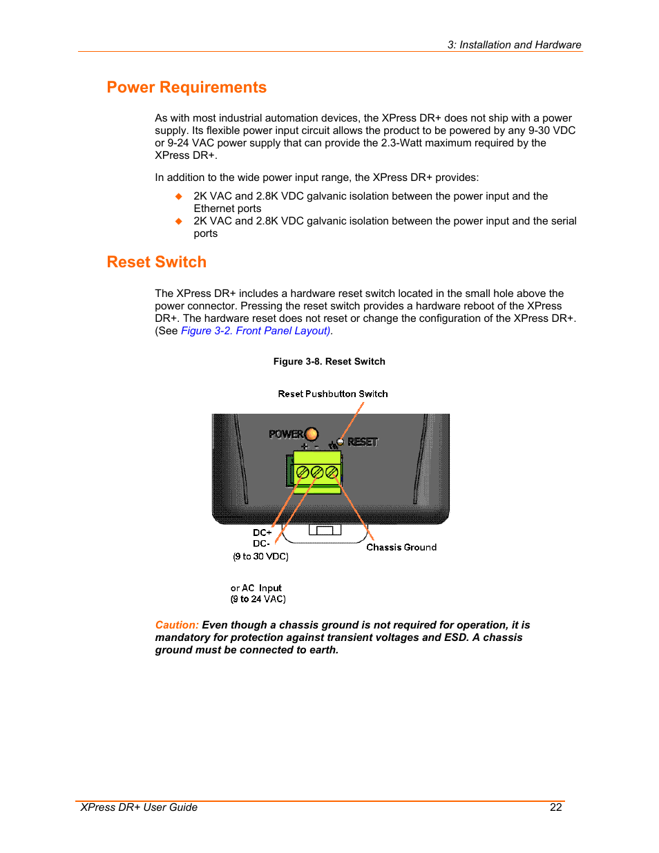 Power requirements, Reset switch, Figure 3-8. reset switch | Ce. (see | Lantronix 900-422 User Manual | Page 22 / 87