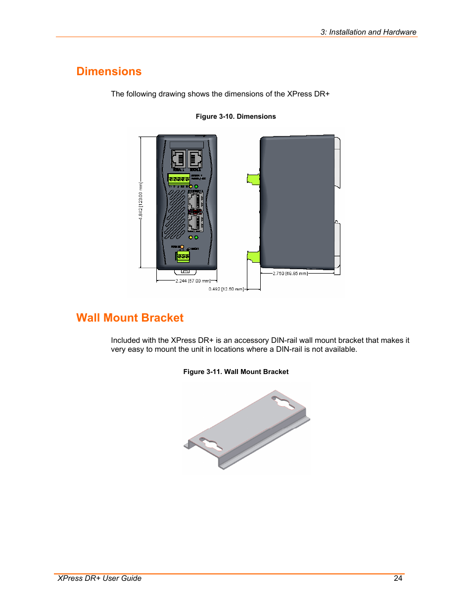 Dimensions, Wall mount bracket, Figure 3-10. dimensions | Figure 3-11. wall mount bracket | Lantronix 900-422 User Manual | Page 24 / 87