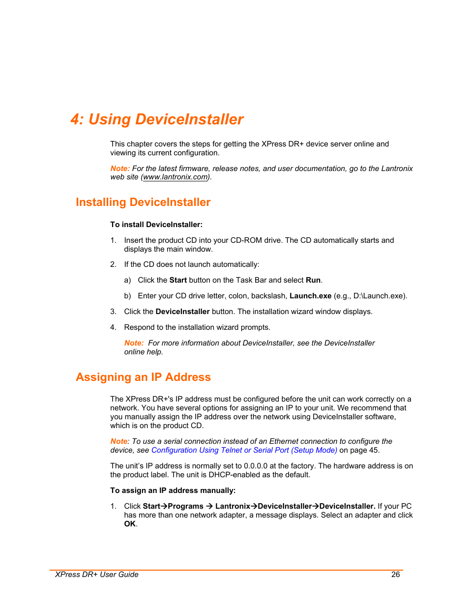 Using deviceinstaller, Installing deviceinstaller, Assigning an ip address | Lantronix 900-422 User Manual | Page 26 / 87
