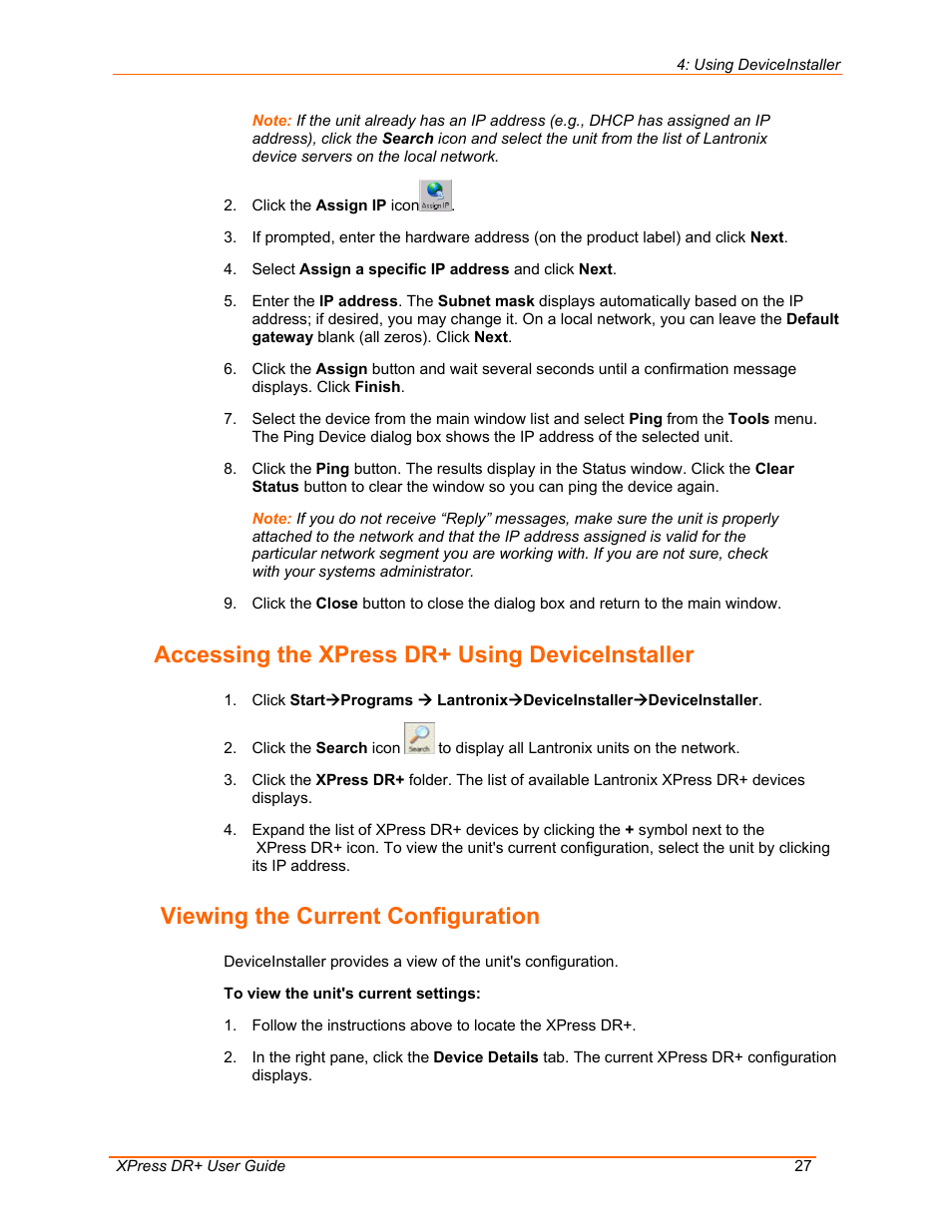 Accessing the xpress dr+ using deviceinstaller, Viewing the current configuration | Lantronix 900-422 User Manual | Page 27 / 87