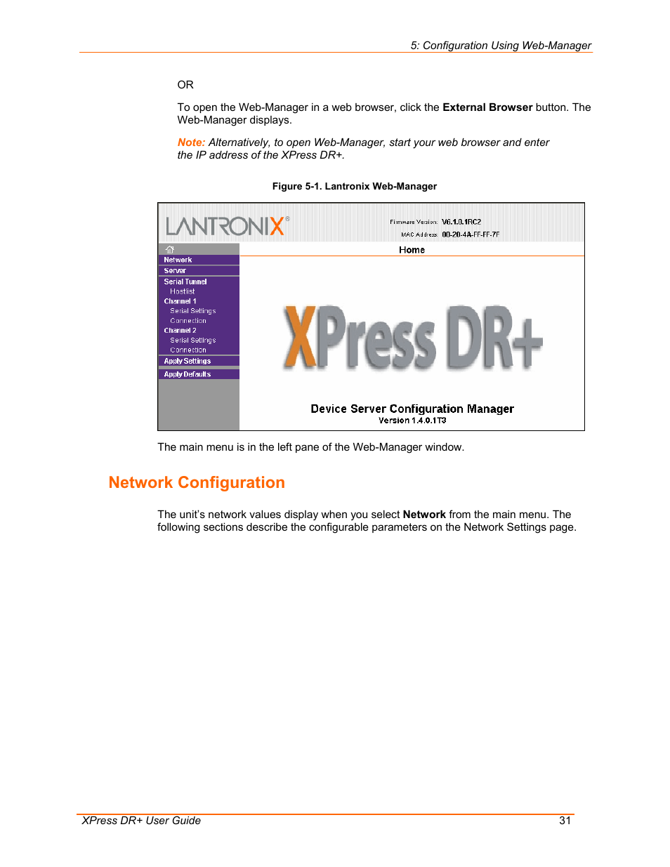 Network configuration, Figure 5-1. lantronix web-manager | Lantronix 900-422 User Manual | Page 31 / 87
