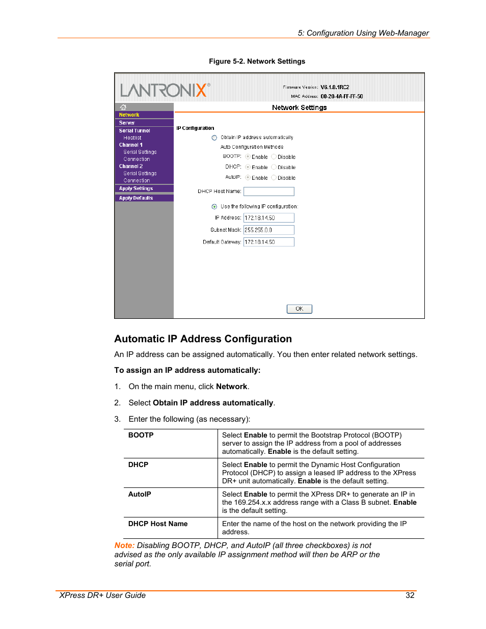 Automatic ip address configuration, Figure 5-2. network settings | Lantronix 900-422 User Manual | Page 32 / 87
