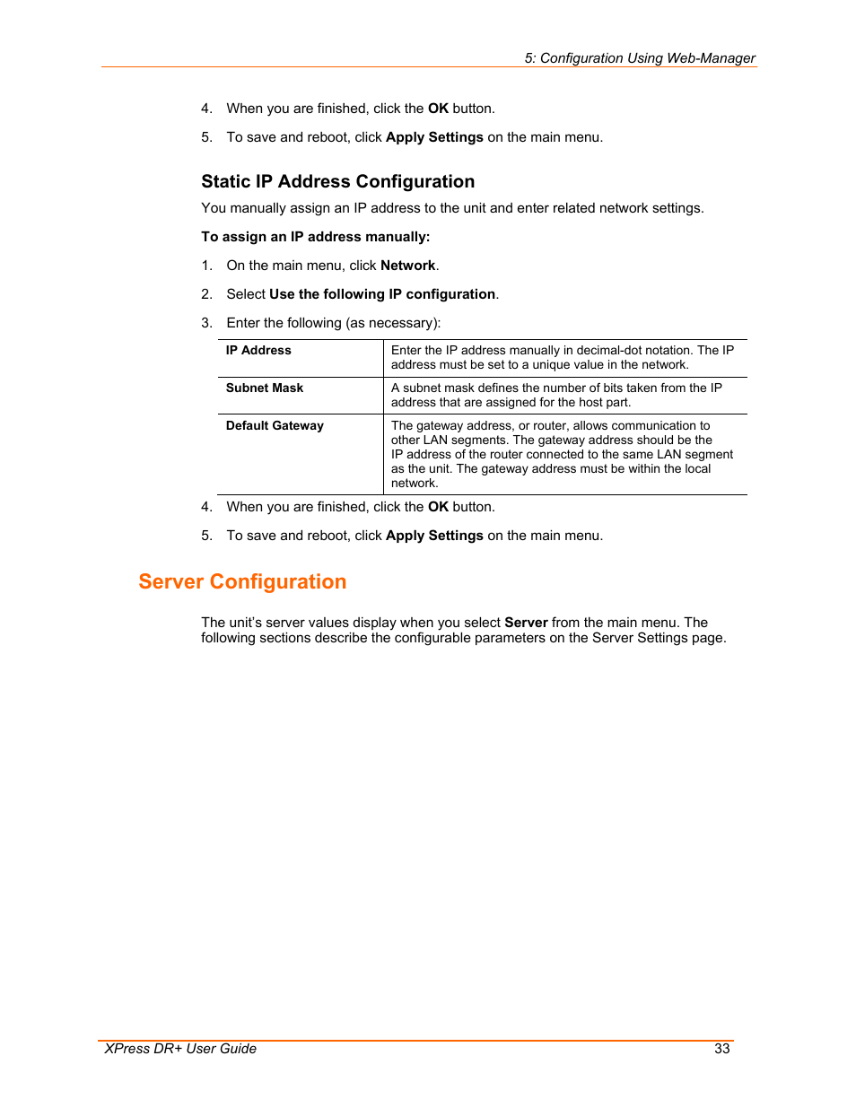 Server configuration, Static ip address configuration | Lantronix 900-422 User Manual | Page 33 / 87