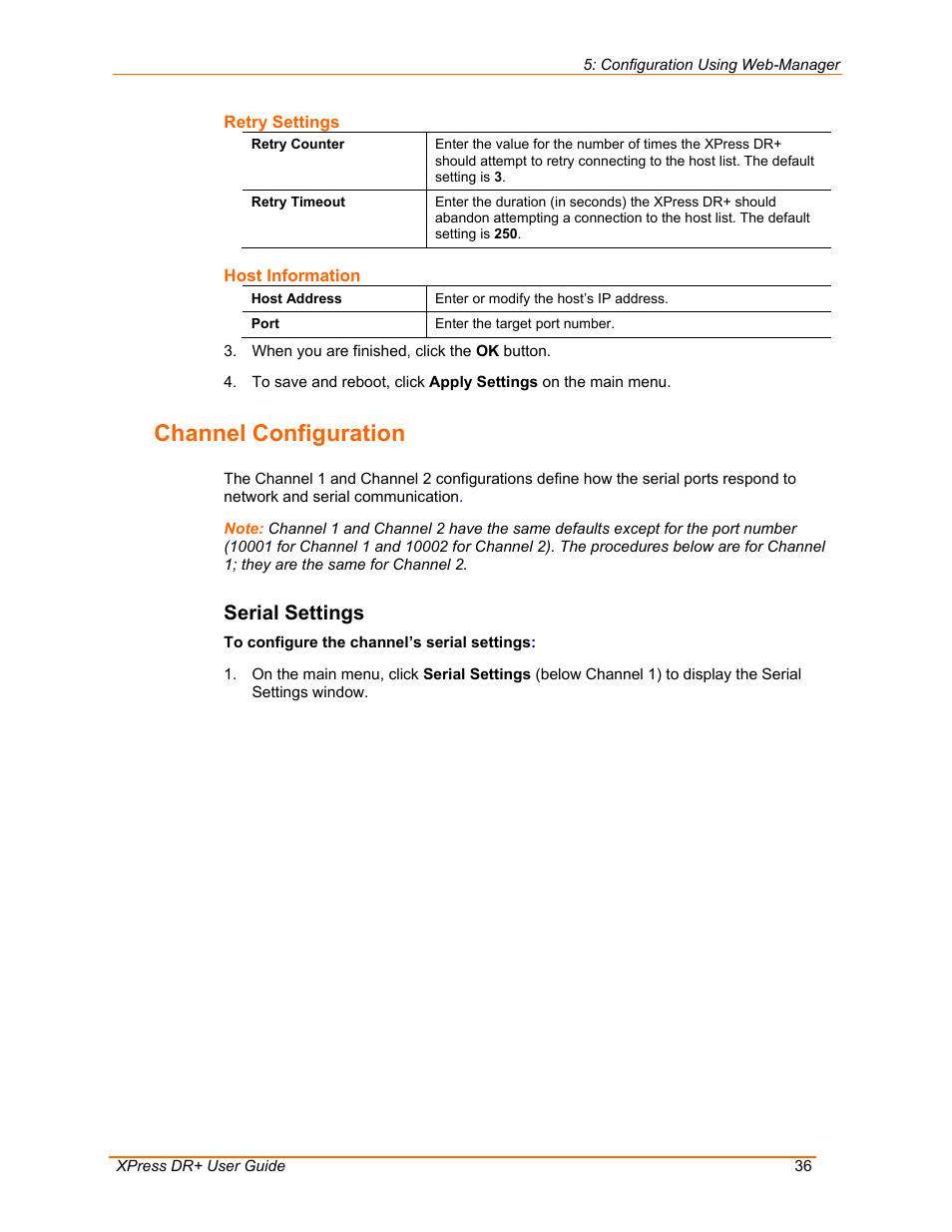 Channel configuration, Serial settings | Lantronix 900-422 User Manual | Page 36 / 87